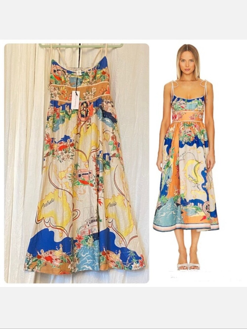 Christian Lacroix Oceania Map Print Linen Midi Dress